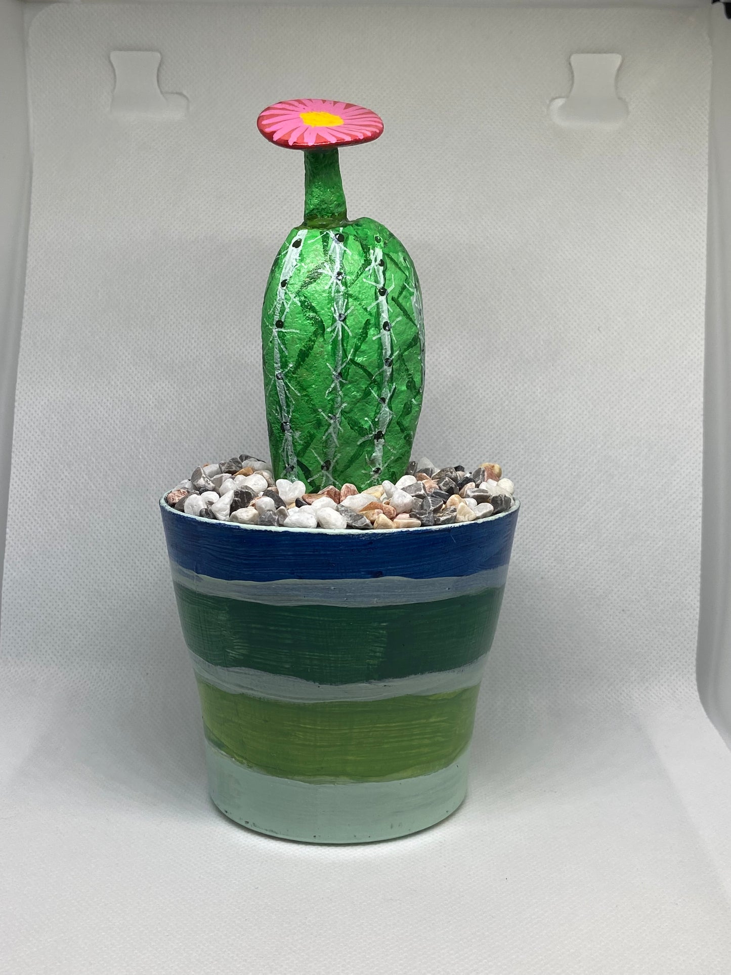 Flowering Cactus in Green and Blue Painted Pot