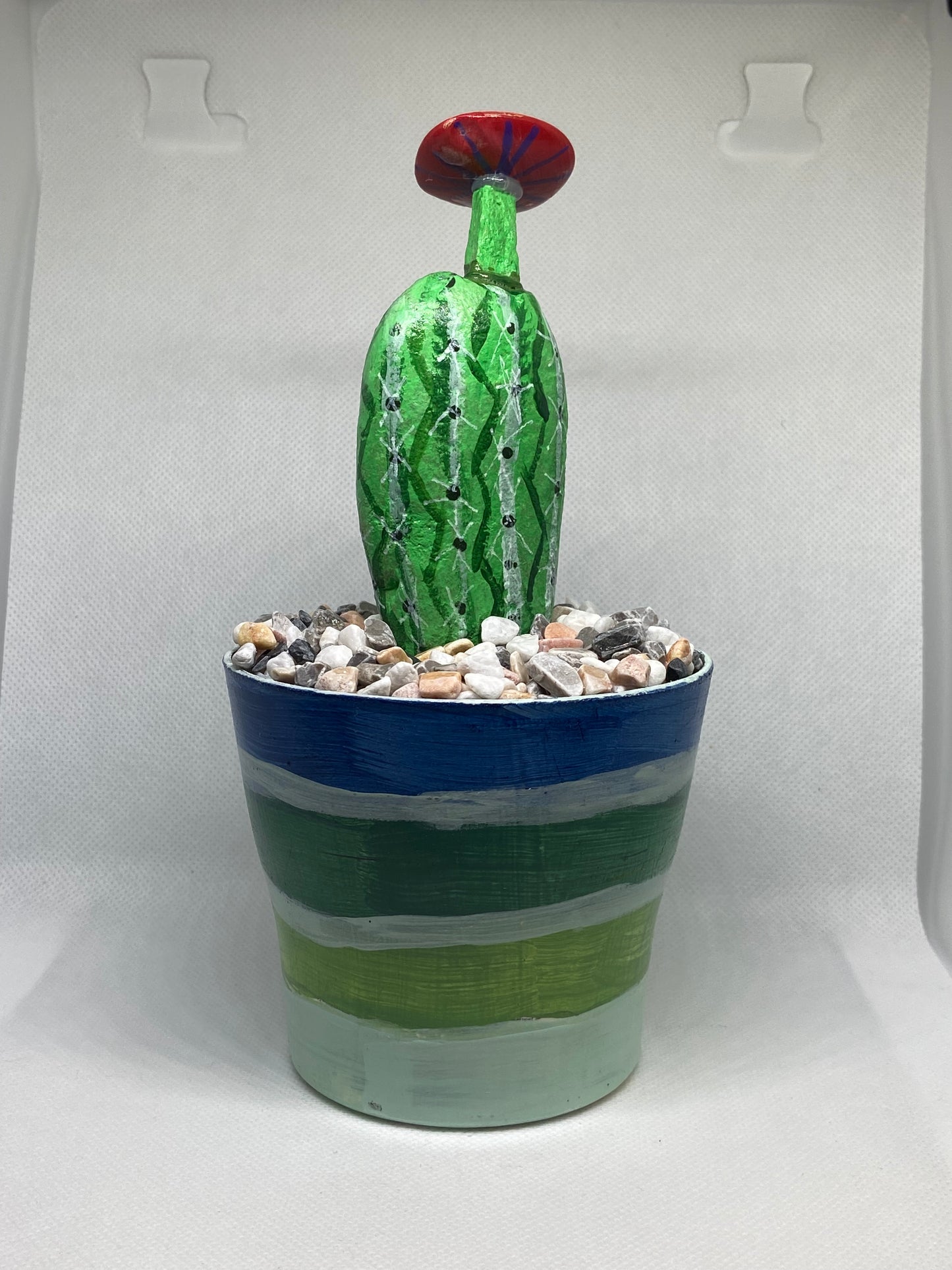 Flowering Cactus in Green and Blue Painted Pot