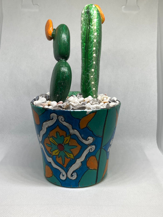 Orange Flowering Cactus Trio in Spanish Tile Pot